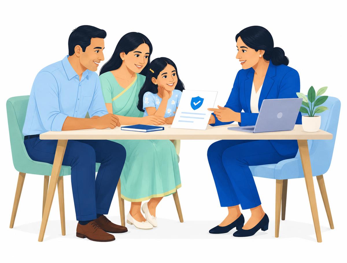 An advisor reviewing insurance documents with a family